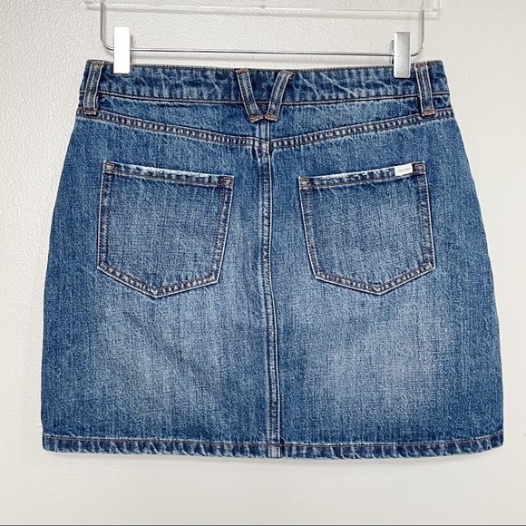 Volcom Womens Stoned Denim Mini Skirt Button Fly Blue Distressed Dark Wash Med - Picture 2 of 10